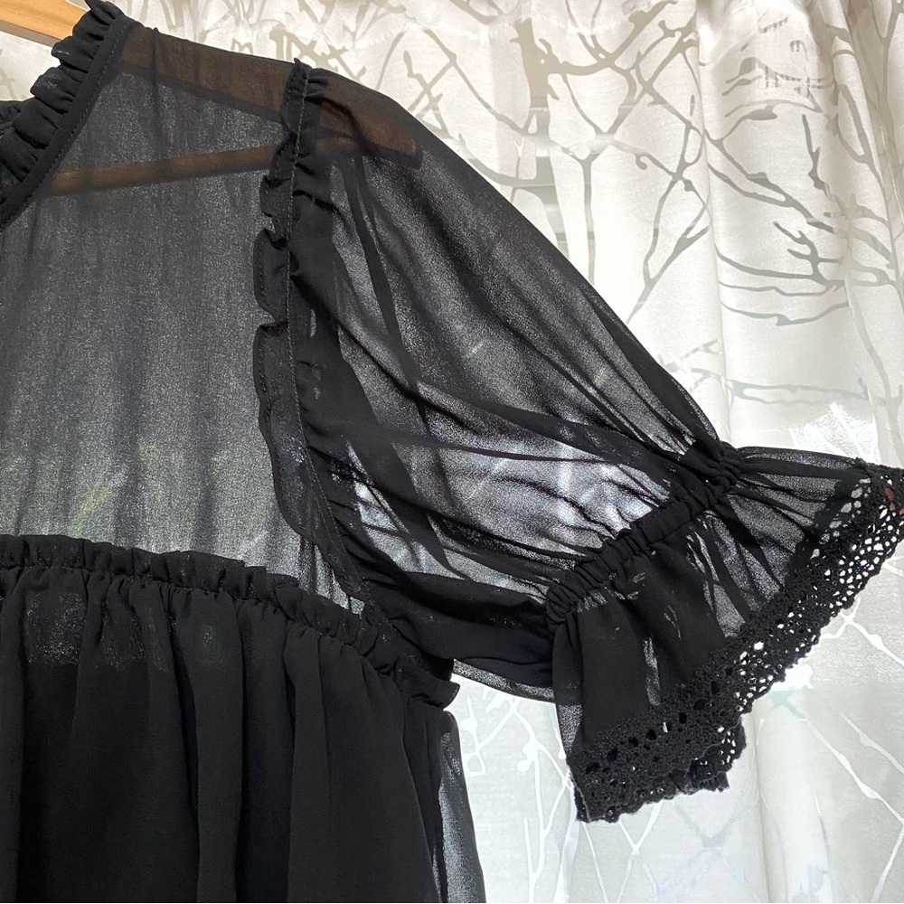 MISA Jazmine black tiered layered ruffle sheer short sleeve tassel neck dress - Picture 8 of 15